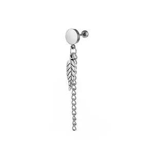 Minimalist stainless steel dangle earring with feather pendant and fine link chain detail