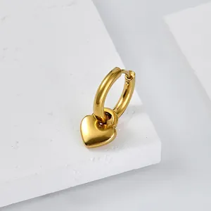 Elegant gold heart charm hoop earrings in stainless steel with a polished mirror finish