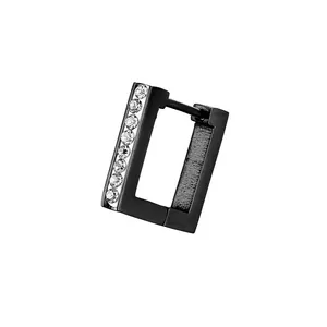 Macro detail of black matte stainless steel square earring with clear CZ stones inlay