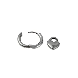 Polished stainless steel heart hoop earrings with a mirror-finish dangle pendant