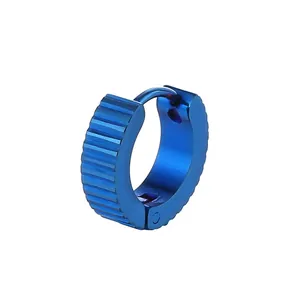 Punk style blue titanium steel huggie earrings with vertical striped grooves for men