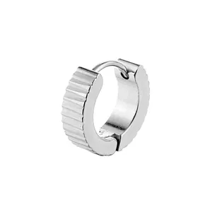 Silver stainless steel gear-style hoop earring with textured vertical grooves for men