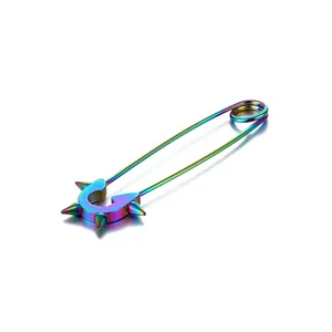 Punk style rainbow stainless steel safety pin earrings with spike details on white background