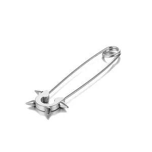 Punk style stainless steel safety pin earrings with sharp metal spikes and silver finish
