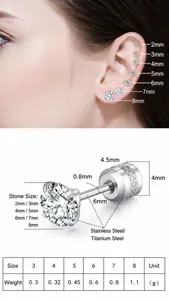 Detailed size chart for stainless steel stud earrings featuring white round cubic zirconia