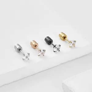 Boucles d'Oreilles Clous en Acier Inoxydable 316L et Zircone Quatre Griffes Ronds Fermoir à Vis Piercing Bijoux de Mode Homme Femme