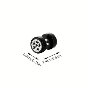 Detail view of dumbbell ear stud with black round ends and silver star pattern disk
