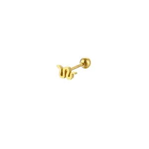 Macro detail of golden snake-shaped stud earring with secure screw ball back closure