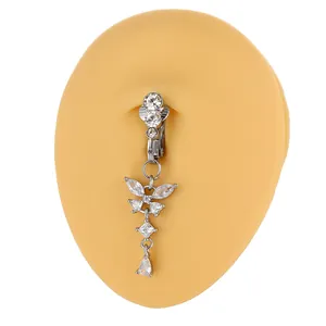 Non-piercing butterfly navel ring with sparkling zircon pendant in silver finish