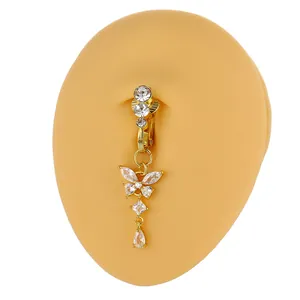 Golden butterfly clip-on belly ring with zircon pendants on silicone naval model