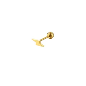 Macro view of gold lightning bolt barbell stud earring made of hypoallergenic steel