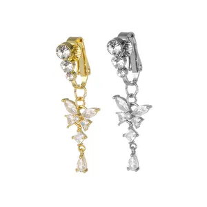 Non Piercing Butterfly Fake Belly Button Ring Copper Inlaid Zirconia Gold Silver Dangle Navel Clip Body Jewelry For Women
