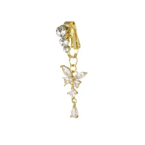 Gold butterfly non-pierced belly ring with shiny cubic zirconia and teardrop pendant