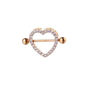 Anello per capezzolo a cuore oro rosa con pavé di zirconi e barra bilanciere in acciaio
