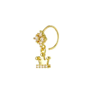 Golden evil eye nose ring with clover zircons and crown pendant on white background