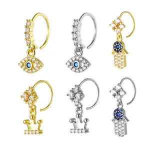 Copper Zirconia Nose Ring Evil Eye Hamsa Hand Crown Nose Stud Piercing Jewelry Electroplated Gold Silver Dangle Nose Pin For Women Men