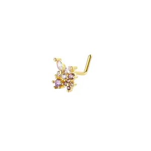 L-shaped gold nose stud featuring pink and purple crystals in a cluster floral design