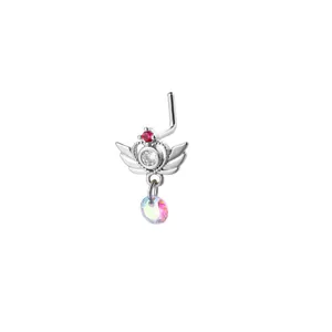 Silver L-shaped nose stud featuring crown wing heart design with AB crystal pendant