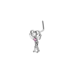 Detailed view of silver L-shaped nose stud featuring heart wings and a pink gemstone drop