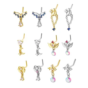 Copper Rhinestone L-Shaped Nose Stud Heart Moon Star Crown Cross Design Tiktok Spicy Girl Body Piercing Jewelry For Women