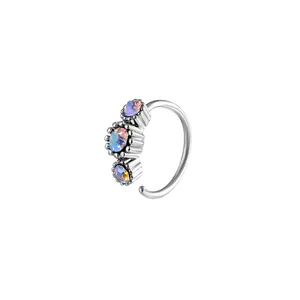 Silver-tone C-shaped nose ring with three sparkling AB rainbow cubic zirconia stones