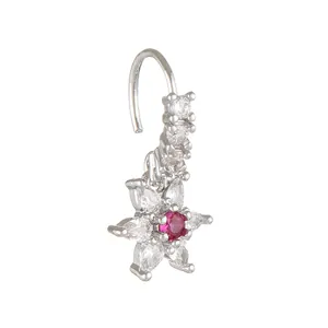 Detail of silver flower nose ring with pear-shaped stones and pink center gem