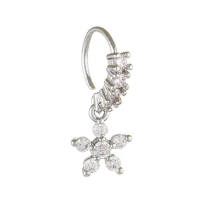 Detailed view of silver nose ring hoop featuring a delicate five-petal zircon flower charm