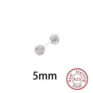 Doppelköpfiger S925 Sterlingsilber Ohrknorpelstecker mit funkelnder 5mm Shamballa-Kristallkugel