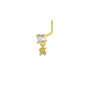 L-shaped gold plated copper nose stud featuring two dangling clear cubic zirconia stones