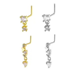 L-Shaped Copper Zirconia Heart Dangle Nose Stud Piercing Jewelry For Women Gold Silver Plated Body Jewelry Nose Rings