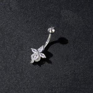 Silver butterfly belly button ring with sparkling zircon crystals and flower design