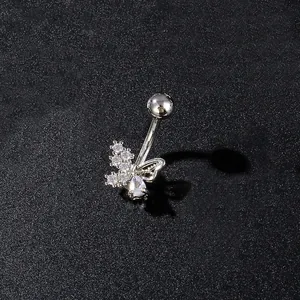 Piercing de ombligo de acero inoxidable plateado con mariposa y piedras de circón