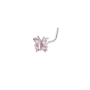 L-shaped silver nose stud with star-shaped pink marquise gemstone butterfly design