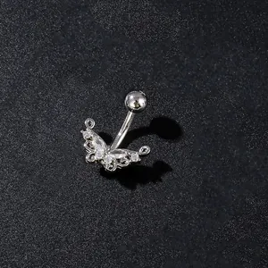 Silver butterfly navel ring with polished stainless steel and clear zircon stones