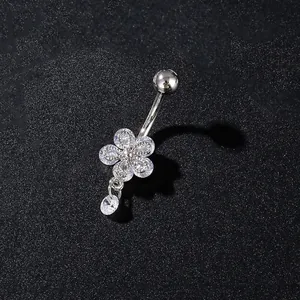 Silver butterfly flower belly button ring with sparkling zircon stones and pendant
