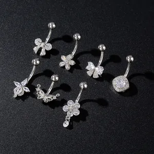Stainless Steel Copper Zirconia Butterfly Flower Belly Button Rings For Women Sexy Body Piercing Jewelry Silver Belly Ring