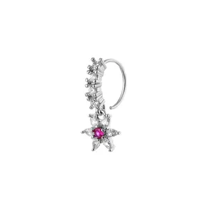 Silver nose ring with white zircon hoop and red gemstone flower pendant