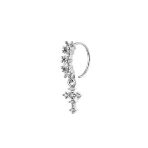 Silver nose ring with sparkling cubic zirconia cross pendant in a polished finish