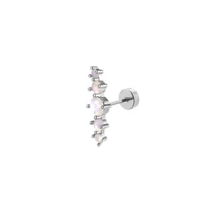 Detailed macro view of silver steel helix stud with five curved iridescent opal stones