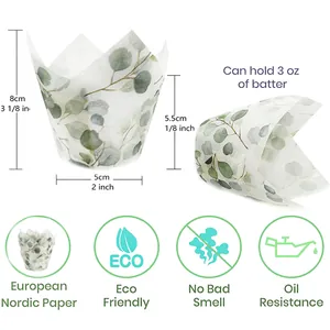 Caissettes tulipes à muffins en papier sulfurisé avec motif de feuilles vertes