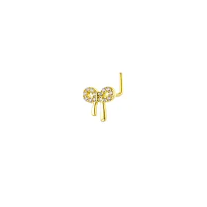 Macro di piercing al naso a fiocco dorato con zirconi e design curvo a forma di L