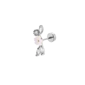Stainless steel flower cartilage earring with pink petals and cubic zirconia stones