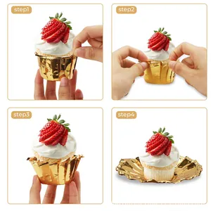 Detailed four-step guide for using gold metallic cupcake liners with fresh strawberries