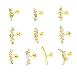 316L Stainless Steel Zirconia Leaf Flower Ear Studs For Women Minimalist Labret Piercing Jewelry Flat Back Earring
