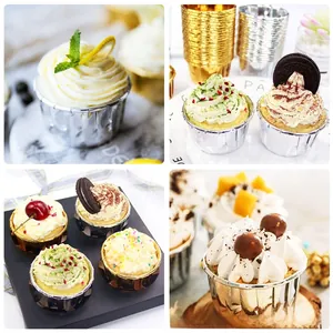 Macro detail of metallic gold and silver foil muffin liners with gourmet cupcake toppings