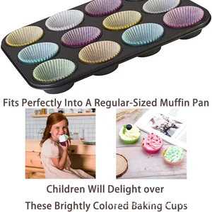 Colorful macaron paper cupcake liners in 12-cup muffin pan with baking scenes