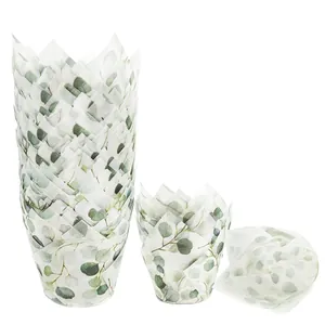 Caissettes tulipes blanches avec motifs de feuilles vertes pour muffins lot de 200