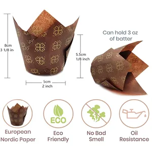 Moldes de tulipán para cupcakes con tréboles dorados y medidas de tamaño detalladas