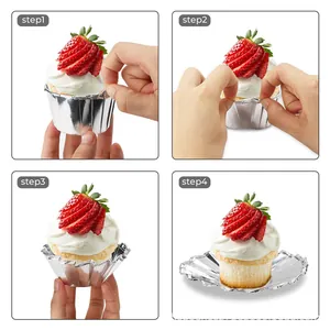 Detailed step-by-step guide showing easy unfolding process of silver foil muffin liners