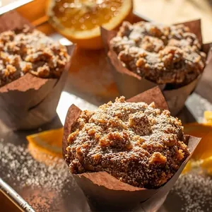 Primer plano de muffins con migas doradas en moldes de papel tulipán marrón antigrasa